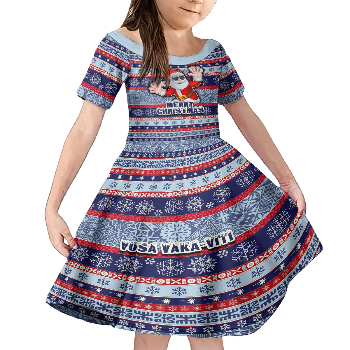 Custom Fiji Christmas Kid Short Sleeve Dress Fijian Santa and Coat of Arms Mix Tapa Pattern Striped Style LT03 KID Blue - Polynesian Pride