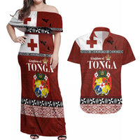 Tongan Culture Couples Matching Off Shoulder Maxi Dress and Hawaiian Shirt Ngatu Art Tattoo and Emblem of Tonga LT03 Red - Polynesian Pride
