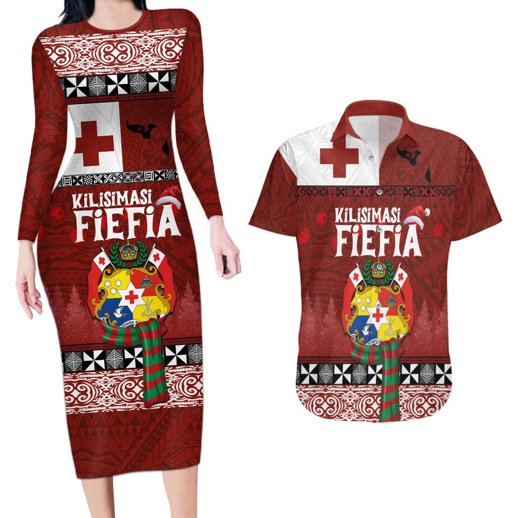 Tongan Christmas Couples Matching Long Sleeve Bodycon Dress and Hawaiian Shirt Kilisimasi Fiefia with Ngatu Art Tattoo