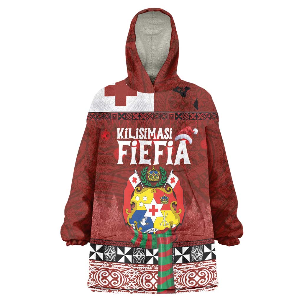 Tongan Christmas Wearable Blanket Hoodie Kilisimasi Fiefia with Ngatu Art Tattoo LT03 One Size Red - Polynesian Pride