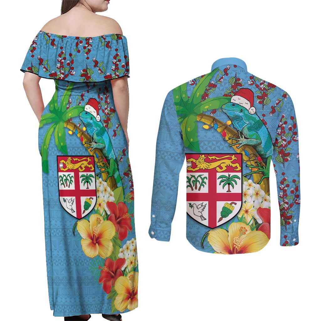 Fijians Iguana Tagimoucia Christmas Couples Matching Off Shoulder Maxi Dress and Long Sleeve Button Shirt Christmas Palm Tree and Hibiscus