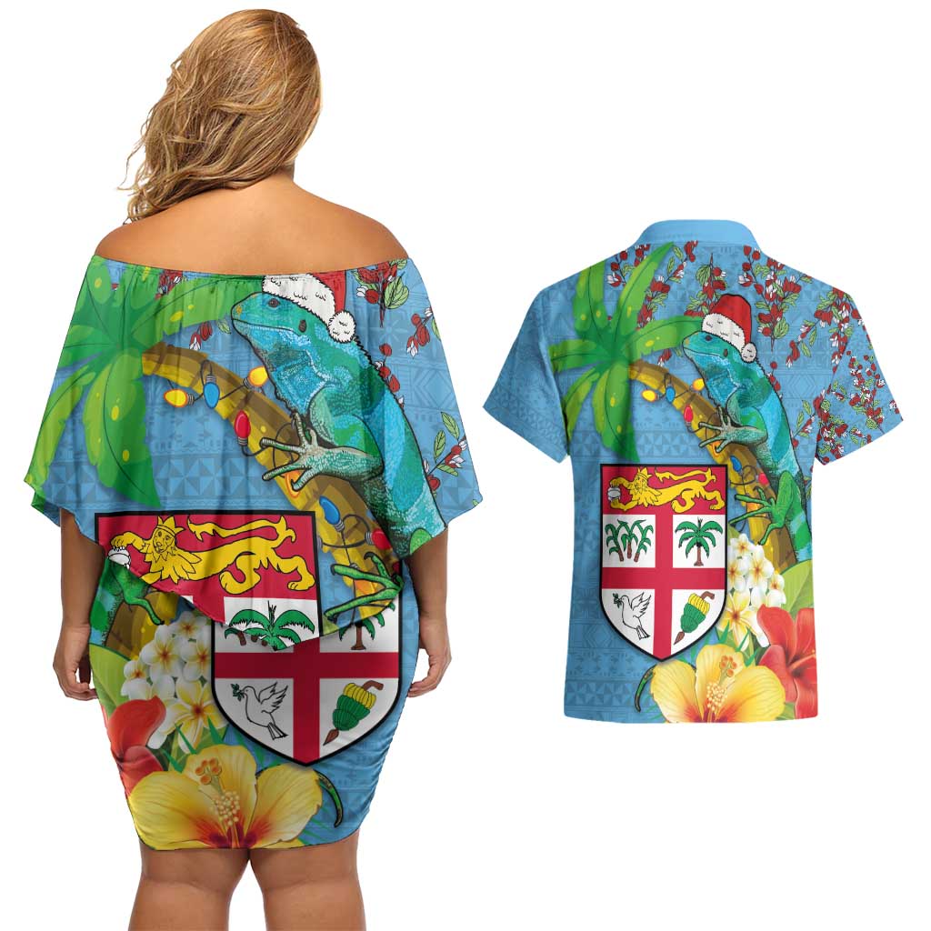Fijians Iguana Tagimoucia Christmas Couples Matching Off Shoulder Short Dress and Hawaiian Shirt Christmas Palm Tree and Hibiscus
