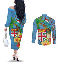 Fijians Iguana Tagimoucia Christmas Couples Matching Off The Shoulder Long Sleeve Dress and Long Sleeve Button Shirt Christmas Palm Tree and Hibiscus