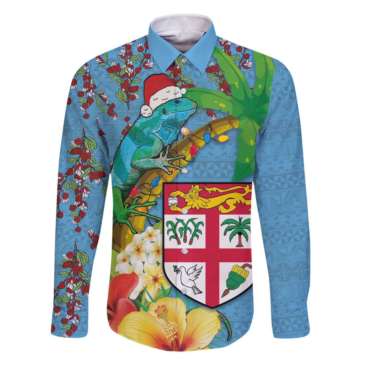Fijians Iguana Tagimoucia Christmas Family Matching Off The Shoulder Long Sleeve Dress and Hawaiian Shirt Christmas Palm Tree and Hibiscus