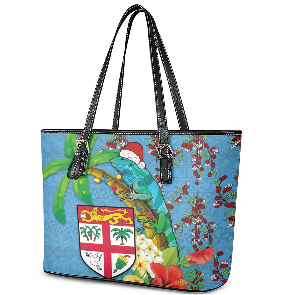 Fijians Iguana Tagimoucia Christmas Leather Tote Bag Christmas Palm Tree and Hibiscus