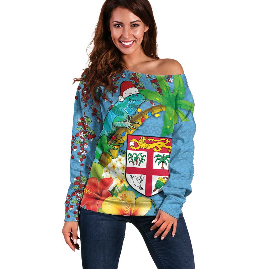 Fijians Iguana Tagimoucia Christmas Off Shoulder Sweater Christmas Palm Tree and Hibiscus