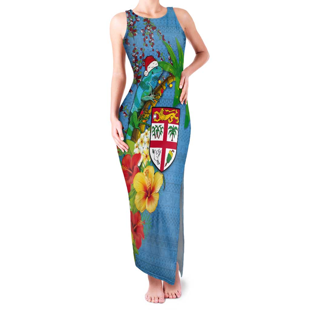 Fijians Iguana Tagimoucia Christmas Tank Maxi Dress Christmas Palm Tree and Hibiscus LT03 Women Blue - Polynesian Pride
