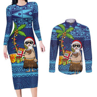 The Funny Santa Wears Sulu Christmas Couples Matching Long Sleeve Bodycon Dress and Long Sleeve Button Shirt Fijian Christmas Palm Tree With Masi Art Tattoo