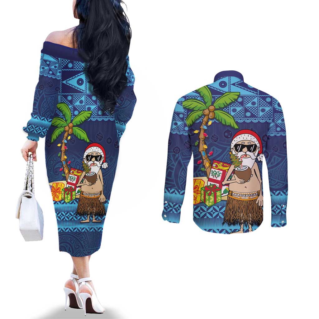 The Funny Santa Wears Sulu Christmas Couples Matching Off The Shoulder Long Sleeve Dress and Long Sleeve Button Shirt Fijian Christmas Palm Tree With Masi Art Tattoo
