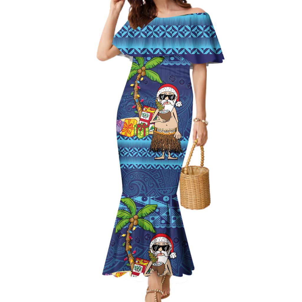 The Funny Santa Wears Sulu Christmas Family Matching Mermaid Dress and Hawaiian Shirt Fijian Christmas Palm Tree With Masi Art Tattoo