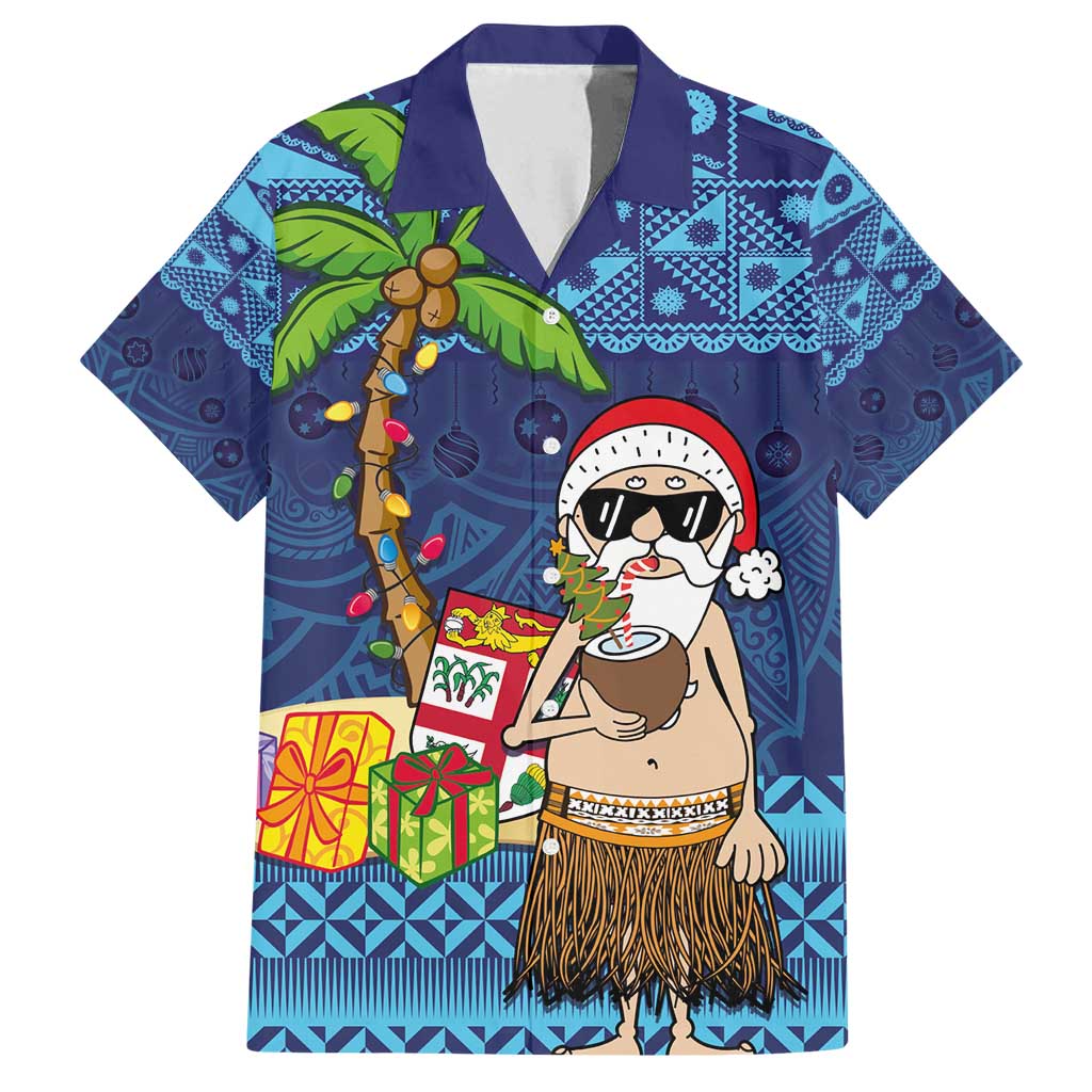 The Funny Santa Wears Sulu Christmas Family Matching Off Shoulder Short Dress and Hawaiian Shirt Fijian Christmas Palm Tree With Masi Art Tattoo