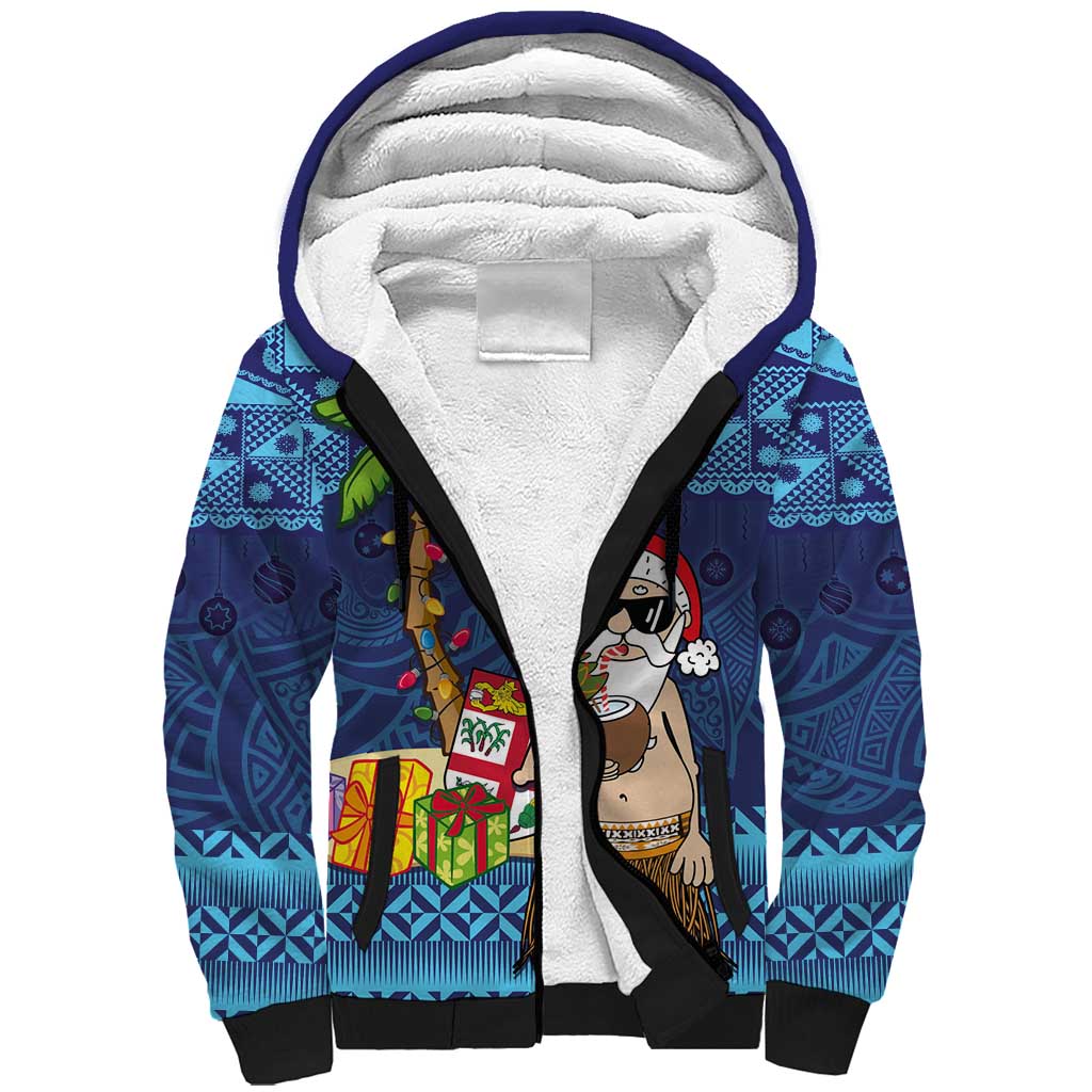 The Funny Santa Wears Sulu Christmas Sherpa Hoodie Fijian Christmas Palm Tree With Masi Art Tattoo