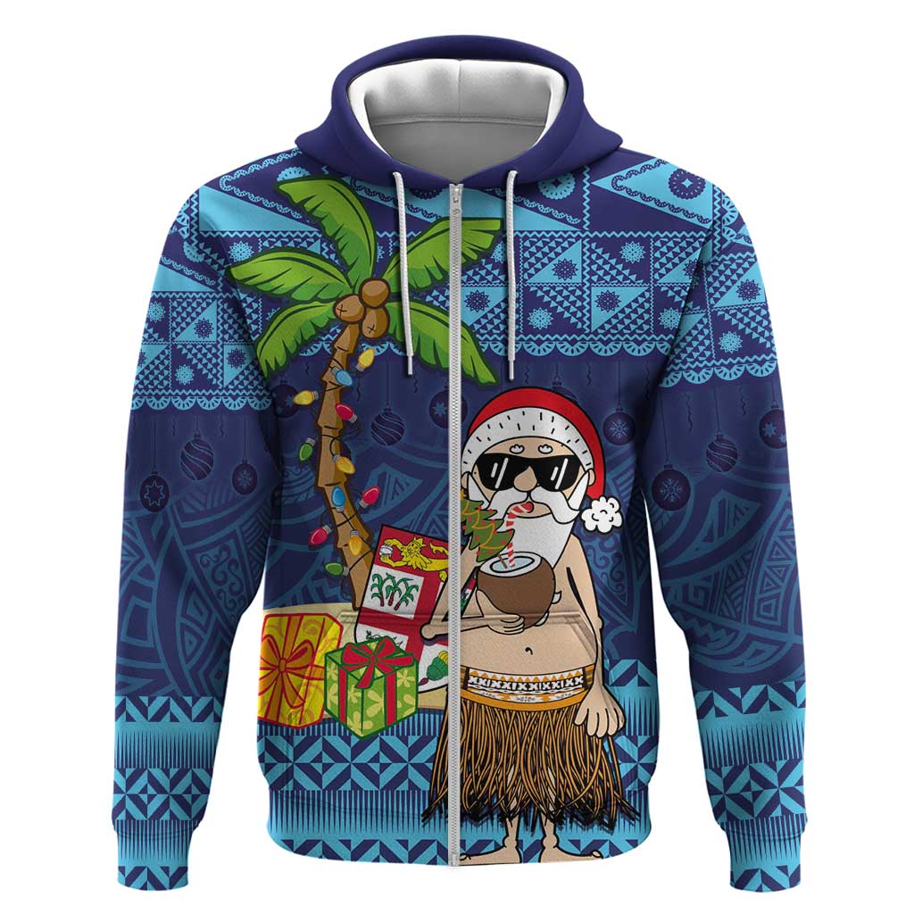The Funny Santa Wears Sulu Christmas Zip Hoodie Fijian Christmas Palm Tree With Masi Art Tattoo LT03 Zip Hoodie Blue - Polynesian Pride