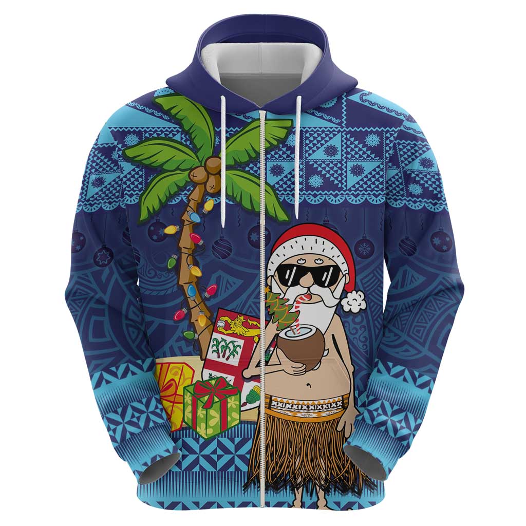 The Funny Santa Wears Sulu Christmas Zip Hoodie Fijian Christmas Palm Tree With Masi Art Tattoo LT03 - Polynesian Pride