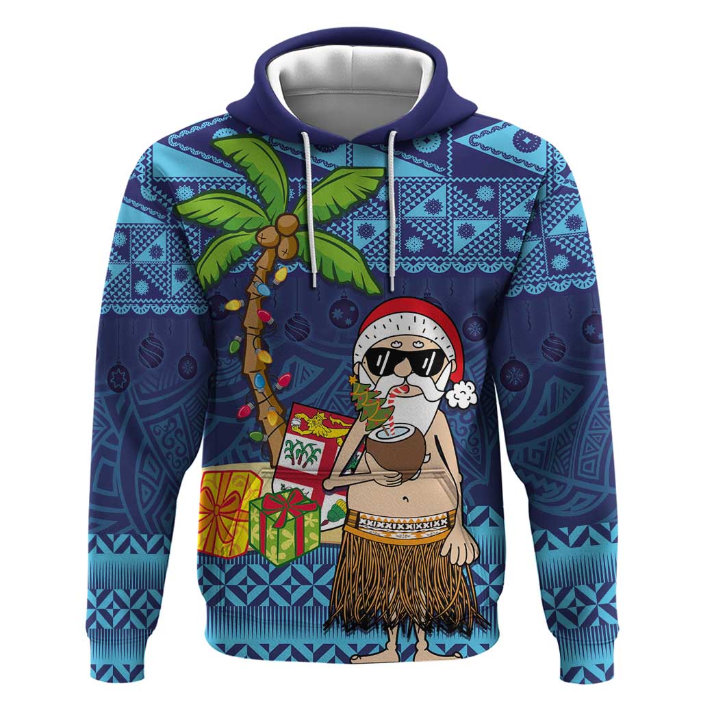 The Funny Santa Wears Sulu Christmas Zip Hoodie Fijian Christmas Palm Tree With Masi Art Tattoo LT03 Pullover Hoodie Blue - Polynesian Pride