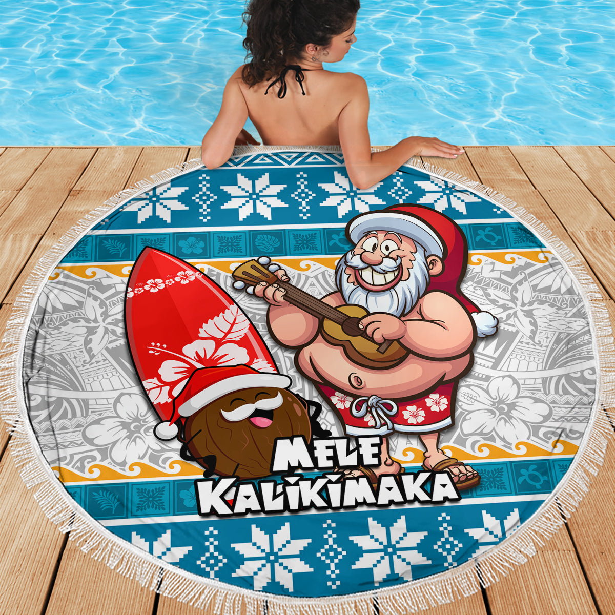 Hawaii Mele Kalikimaka Beach Blanket Funny Santa and Coconut Mix Kakau Pattern LT03 - Polynesian Pride