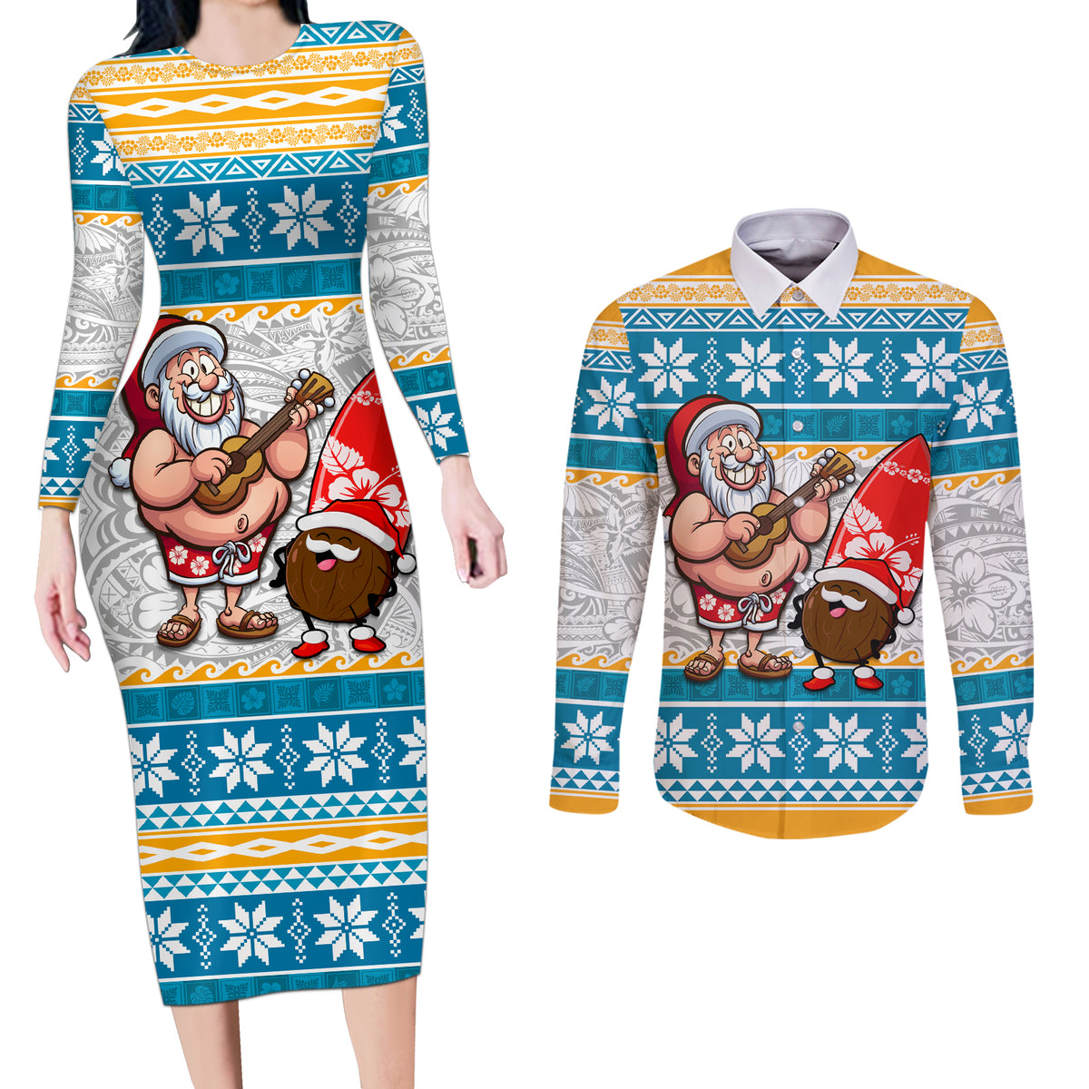 Hawaii Mele Kalikimaka Couples Matching Long Sleeve Bodycon Dress and Long Sleeve Button Shirt Funny Santa and Coconut Mix Kakau Pattern LT03 Blue - Polynesian Pride