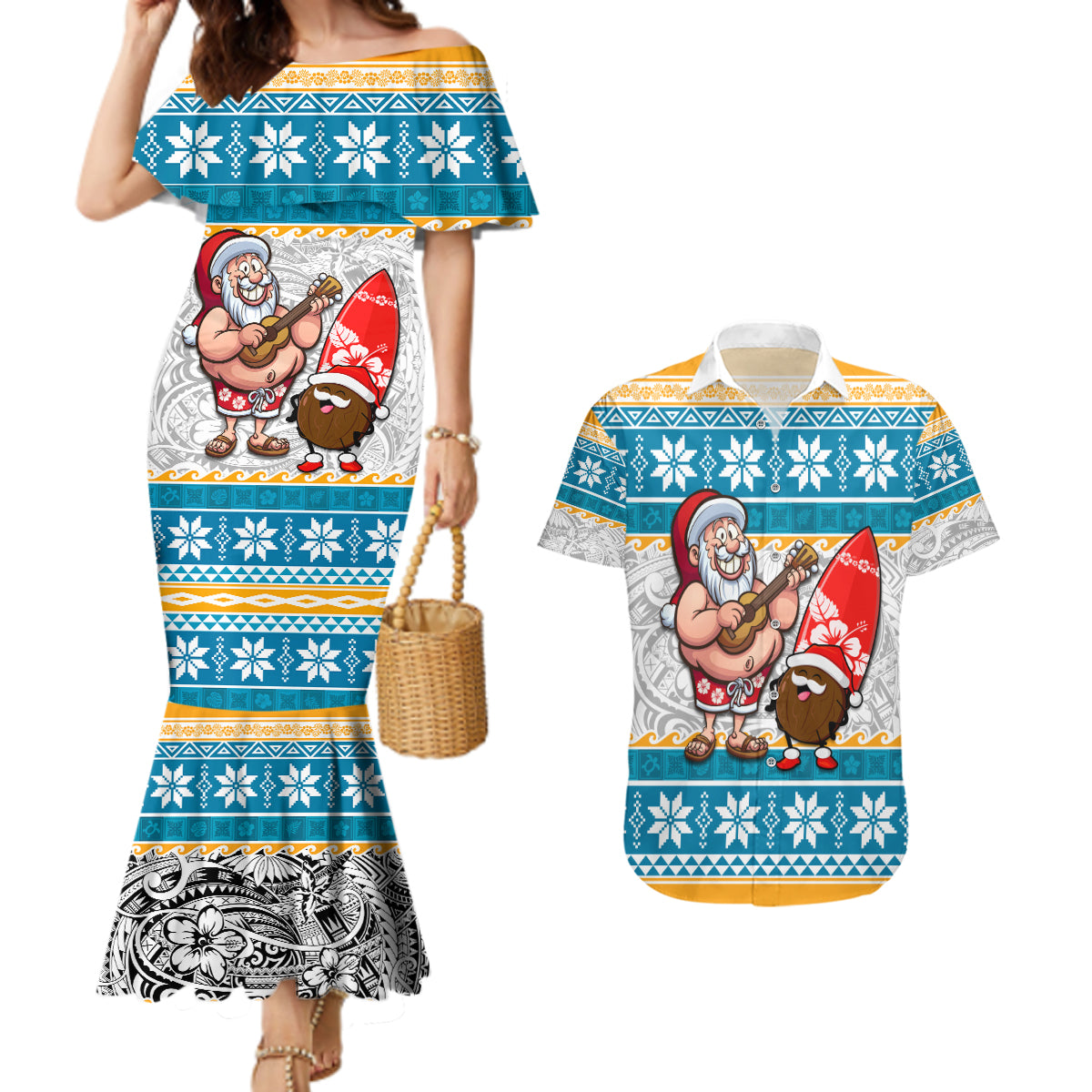 Hawaii Mele Kalikimaka Couples Matching Mermaid Dress and Hawaiian Shirt Funny Santa and Coconut Mix Kakau Pattern LT03 Blue - Polynesian Pride