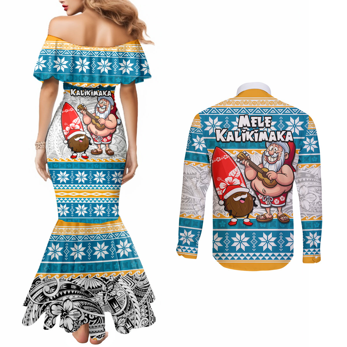 Hawaii Mele Kalikimaka Couples Matching Mermaid Dress and Long Sleeve Button Shirt Funny Santa and Coconut Mix Kakau Pattern LT03 - Polynesian Pride