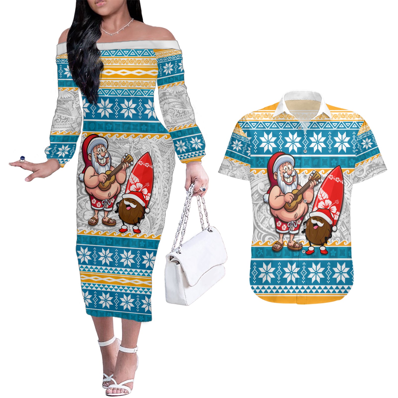 Hawaii Mele Kalikimaka Couples Matching Off The Shoulder Long Sleeve Dress and Hawaiian Shirt Funny Santa and Coconut Mix Kakau Pattern LT03 Blue - Polynesian Pride
