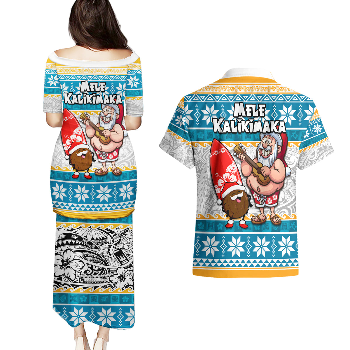 Hawaii Mele Kalikimaka Couples Matching Puletasi Dress and Hawaiian Shirt Funny Santa and Coconut Mix Kakau Pattern LT03 - Polynesian Pride