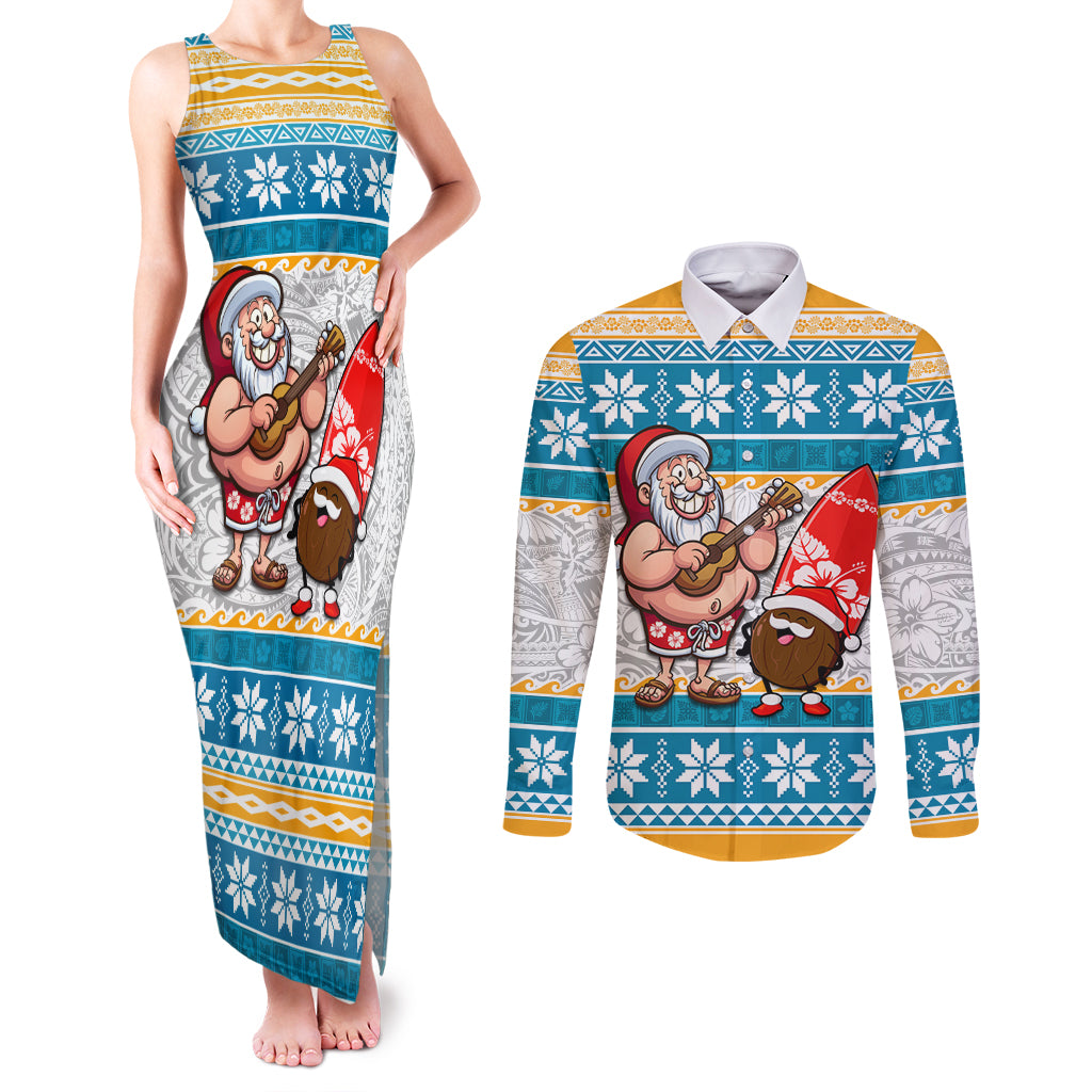 Hawaii Mele Kalikimaka Couples Matching Tank Maxi Dress and Long Sleeve Button Shirt Funny Santa and Coconut Mix Kakau Pattern LT03 Blue - Polynesian Pride