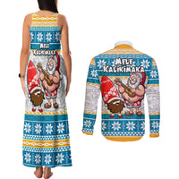 Hawaii Mele Kalikimaka Couples Matching Tank Maxi Dress and Long Sleeve Button Shirt Funny Santa and Coconut Mix Kakau Pattern LT03 - Polynesian Pride