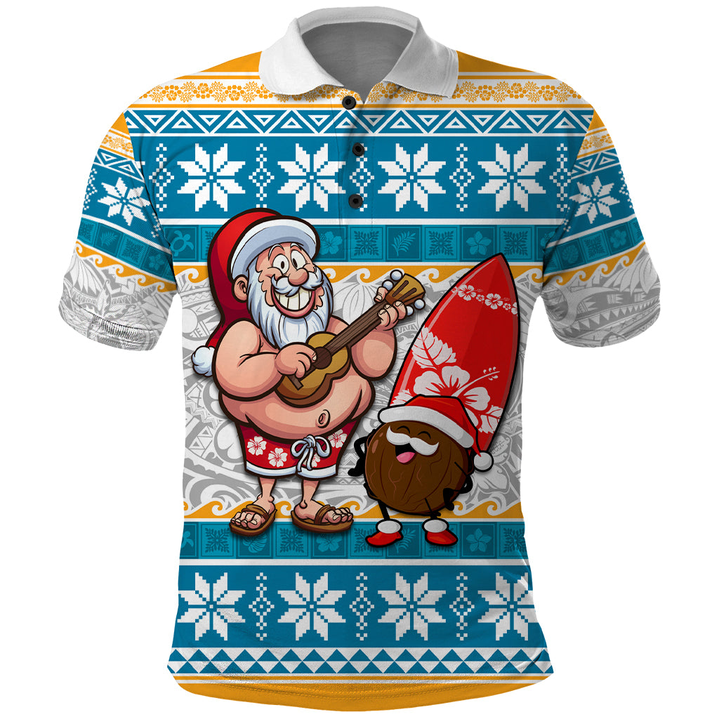 Hawaii Mele Kalikimaka Polo Shirt Funny Santa and Coconut Mix Kakau Pattern LT03 Blue - Polynesian Pride