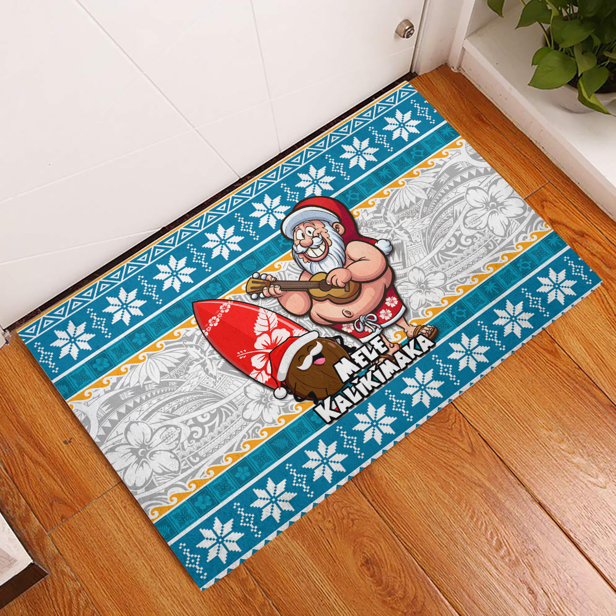 Hawaii Mele Kalikimaka Rubber Doormat Funny Santa and Coconut Mix Kakau Pattern LT03 Blue - Polynesian Pride