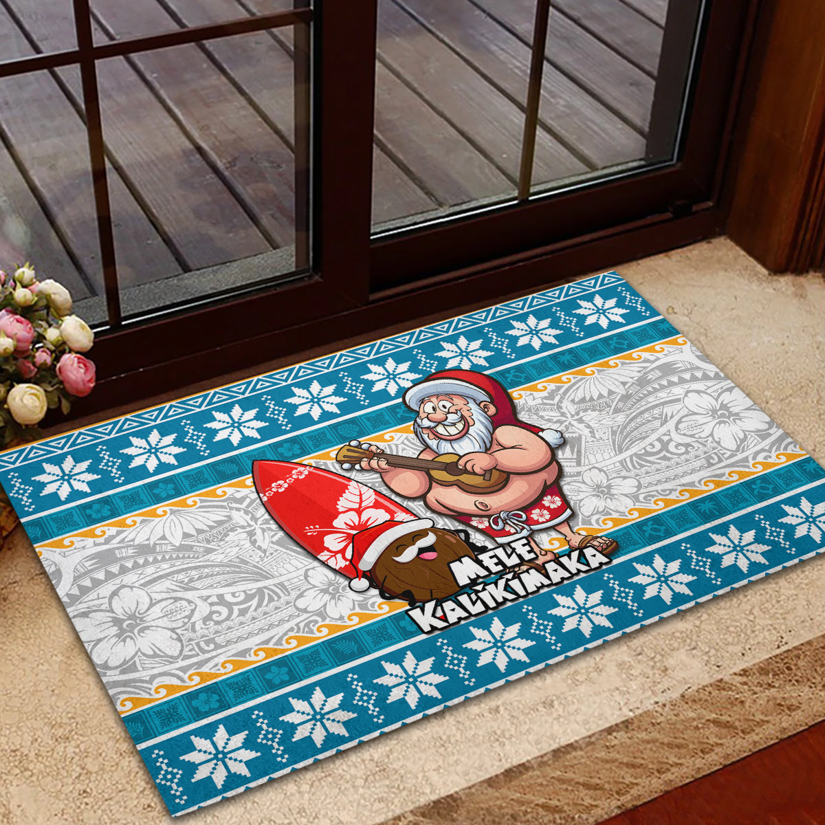 Hawaii Mele Kalikimaka Rubber Doormat Funny Santa and Coconut Mix Kakau Pattern LT03 - Polynesian Pride