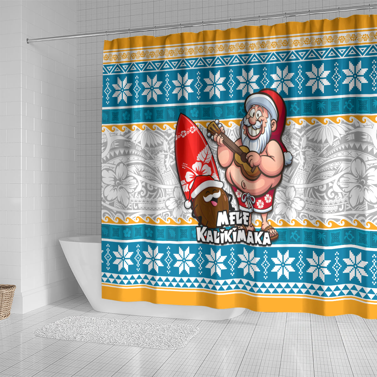 Hawaii Mele Kalikimaka Shower Curtain Funny Santa and Coconut Mix Kakau Pattern LT03 - Polynesian Pride