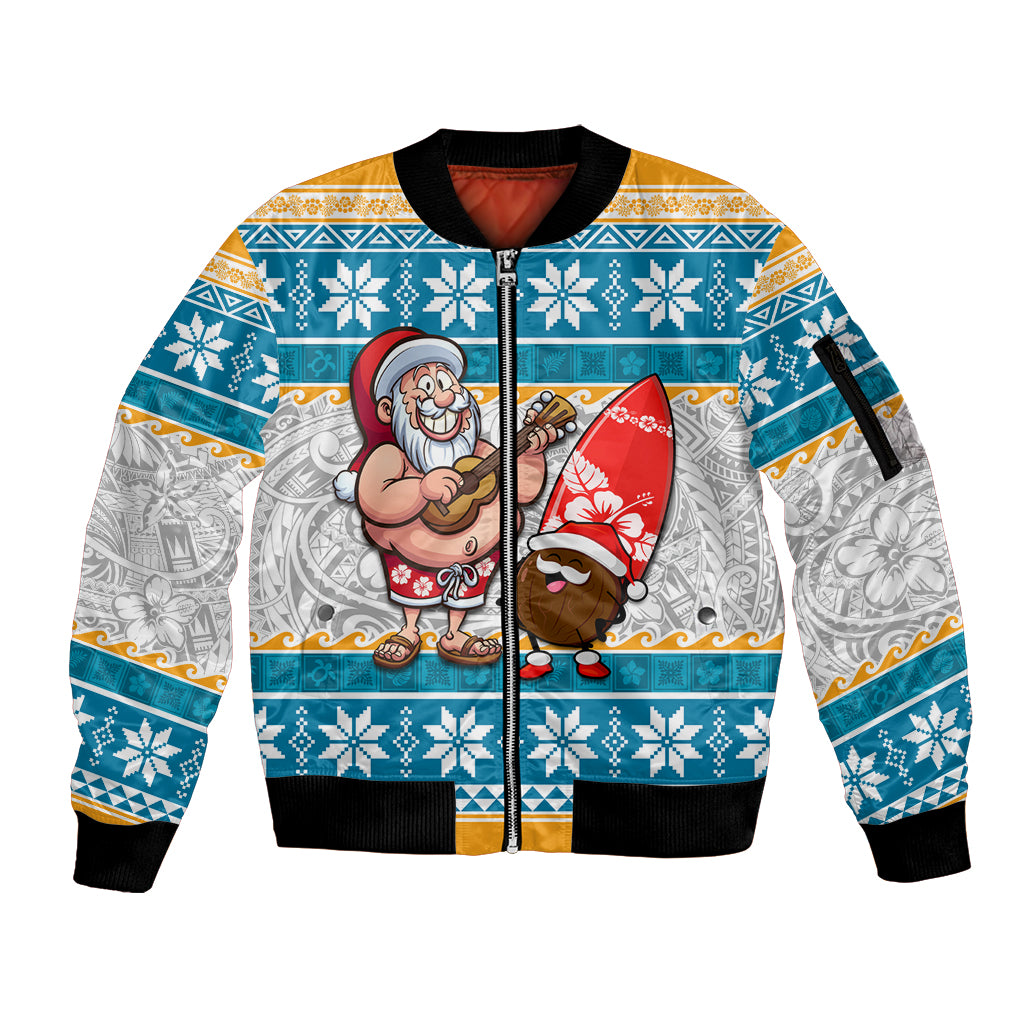 Hawaii Mele Kalikimaka Sleeve Zip Bomber Jacket Funny Santa and Coconut Mix Kakau Pattern LT03 Unisex Blue - Polynesian Pride