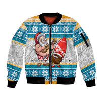Hawaii Mele Kalikimaka Sleeve Zip Bomber Jacket Funny Santa and Coconut Mix Kakau Pattern LT03 Unisex Blue - Polynesian Pride