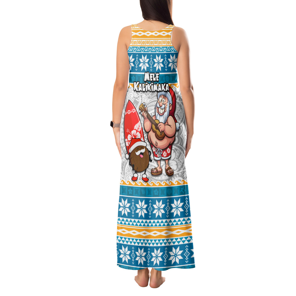 Hawaii Mele Kalikimaka Tank Maxi Dress Funny Santa and Coconut Mix Kakau Pattern LT03 - Polynesian Pride