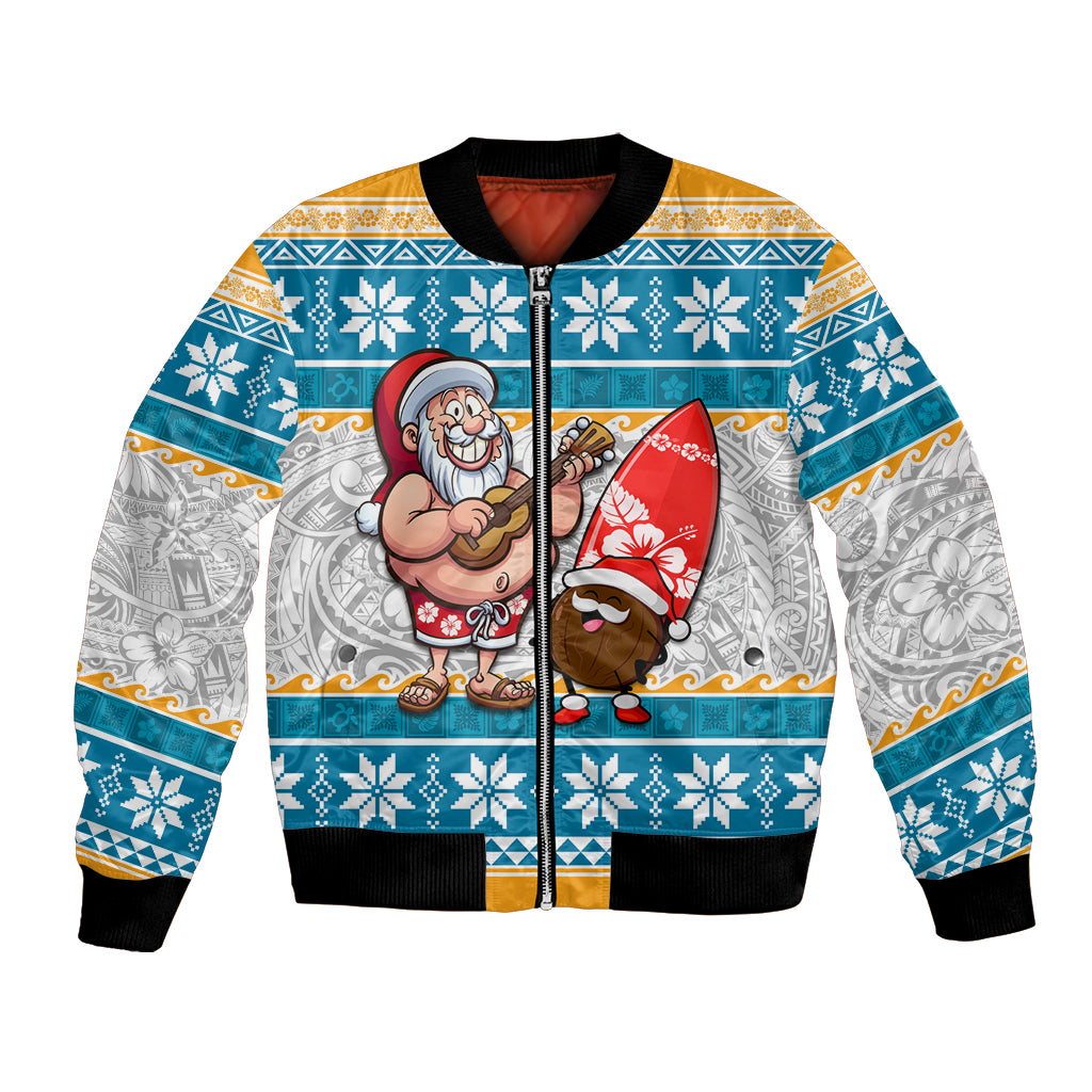 Custom Hawaii Mele Kalikimaka Bomber Jacket Funny Santa and Coconut Mix Kakau Pattern LT03 Unisex Blue - Polynesian Pride