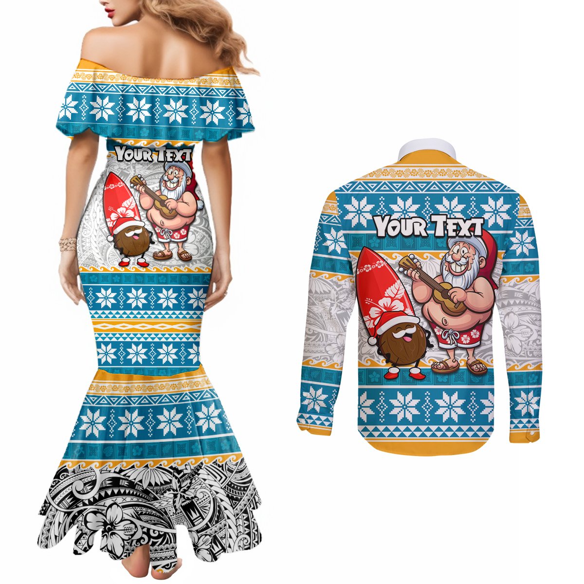 Custom Hawaii Mele Kalikimaka Couples Matching Mermaid Dress and Long Sleeve Button Shirt Funny Santa and Coconut Mix Kakau Pattern LT03 - Polynesian Pride