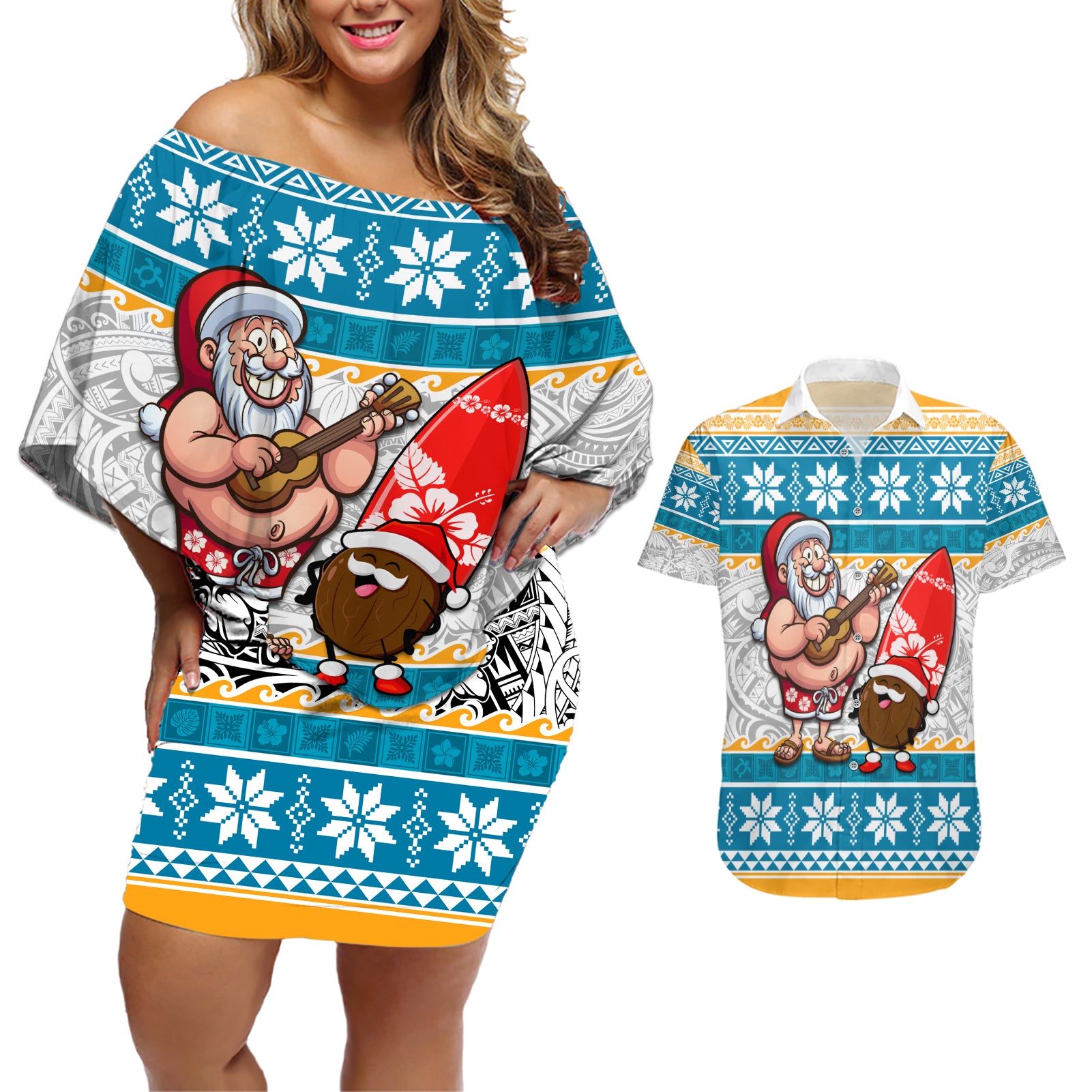 Custom Hawaii Mele Kalikimaka Couples Matching Off Shoulder Short Dress and Hawaiian Shirt Funny Santa and Coconut Mix Kakau Pattern LT03 Blue - Polynesian Pride