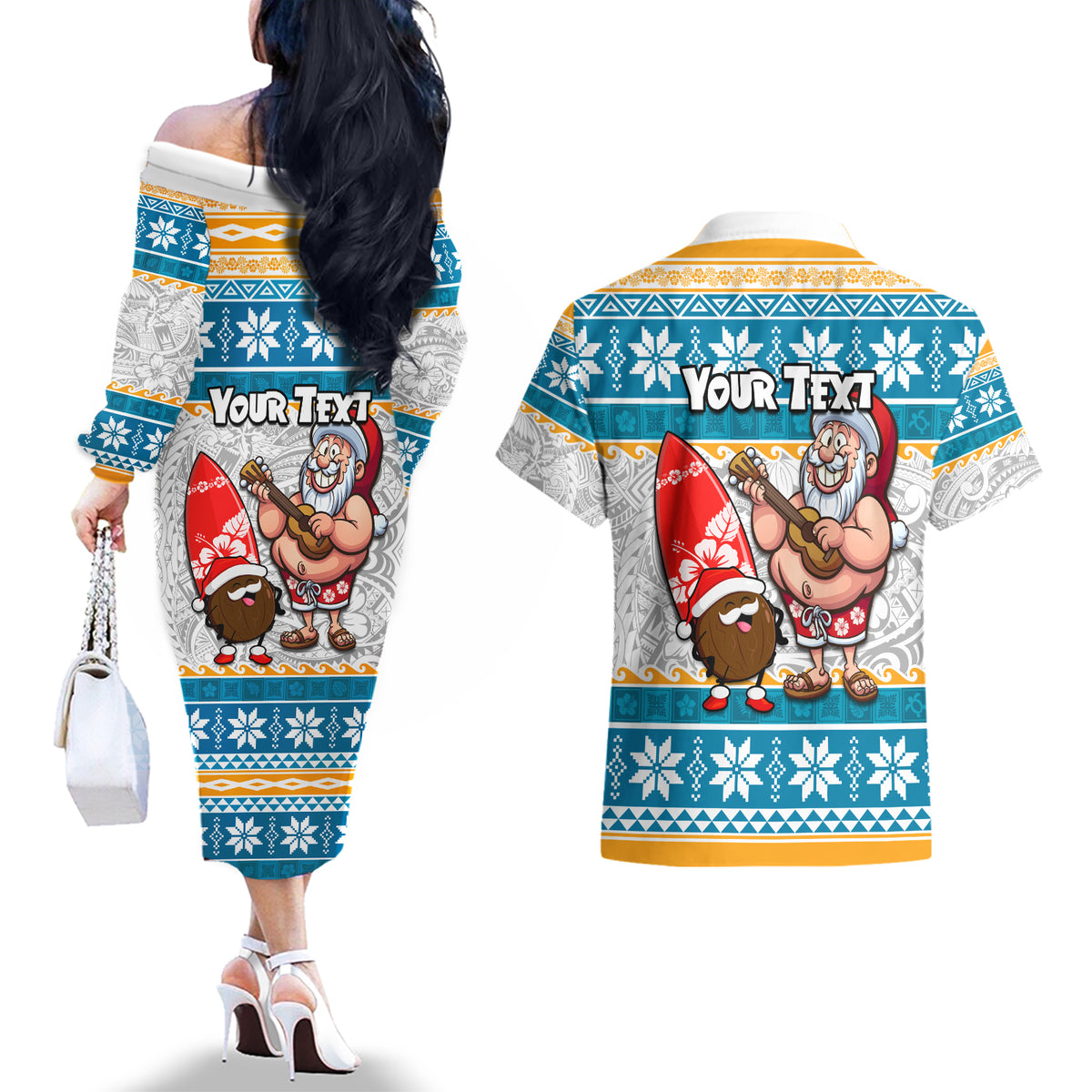 Custom Hawaii Mele Kalikimaka Couples Matching Off The Shoulder Long Sleeve Dress and Hawaiian Shirt Funny Santa and Coconut Mix Kakau Pattern LT03 - Polynesian Pride