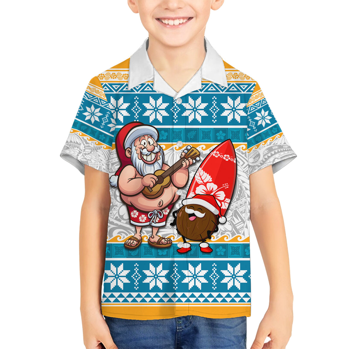 Custom Hawaii Mele Kalikimaka Family Matching Puletasi Dress and Hawaiian Shirt Funny Santa and Coconut Mix Kakau Pattern LT03 Son's Shirt Blue - Polynesian Pride