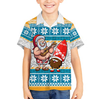 Custom Hawaii Mele Kalikimaka Kid Hawaiian Shirt Funny Santa and Coconut Mix Kakau Pattern LT03 Kid Blue - Polynesian Pride