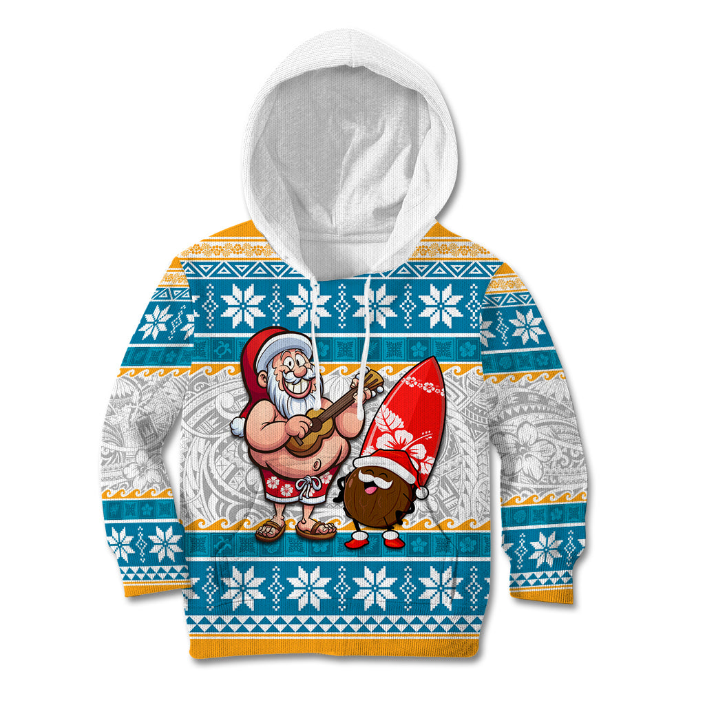 Custom Hawaii Mele Kalikimaka Kid Hoodie Funny Santa and Coconut Mix Kakau Pattern LT03 Blue - Polynesian Pride