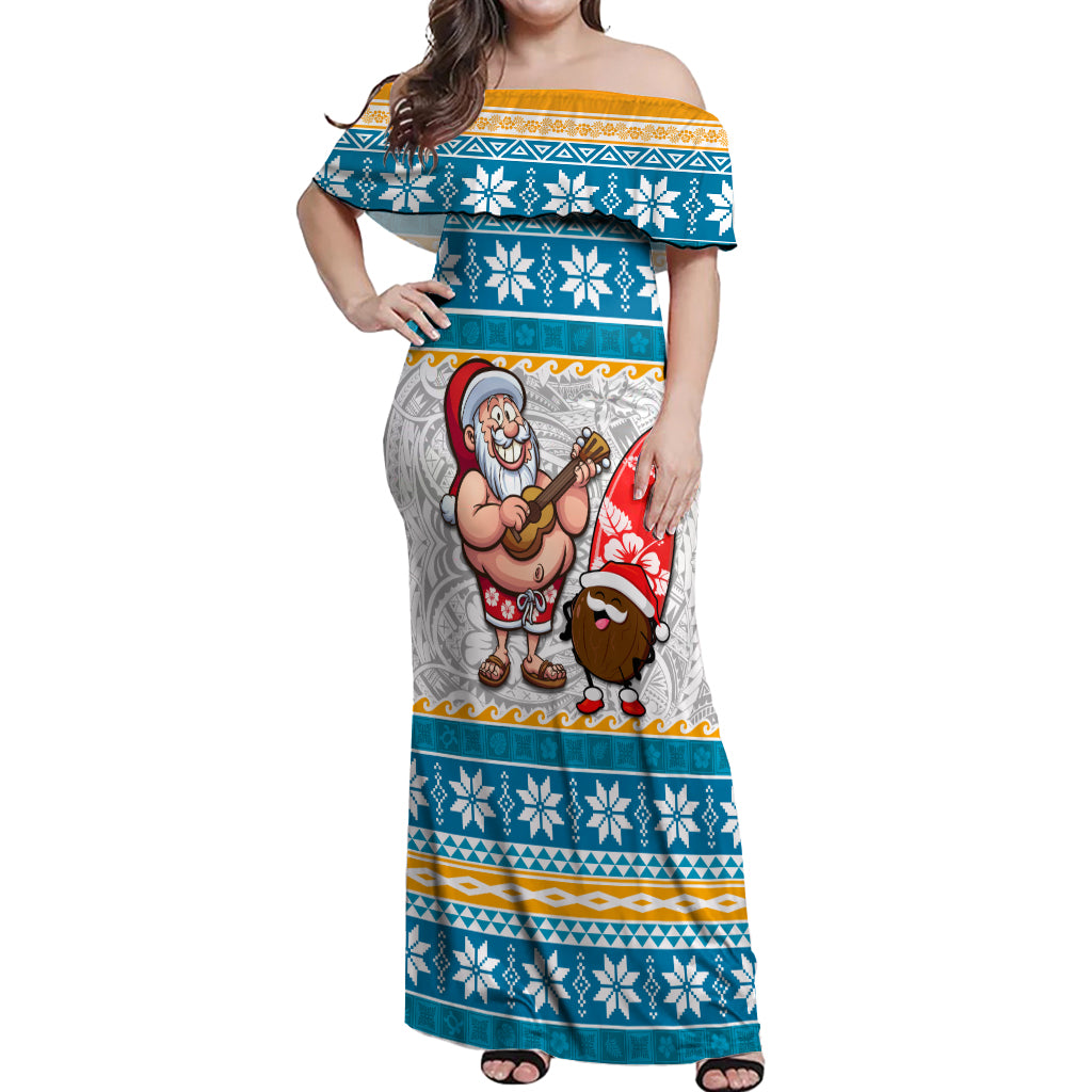 Custom Hawaii Mele Kalikimaka Off Shoulder Maxi Dress Funny Santa and Coconut Mix Kakau Pattern LT03 Women Blue - Polynesian Pride