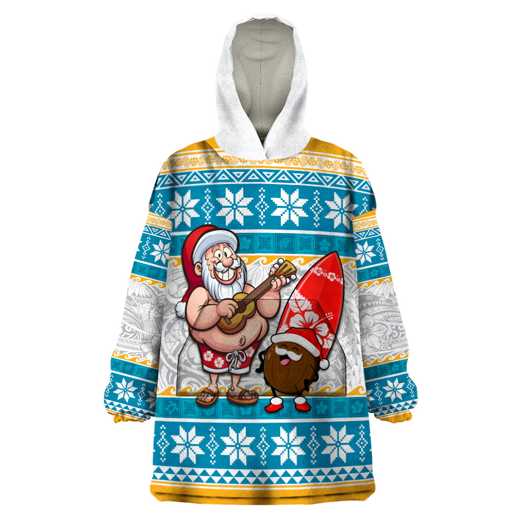 Custom Hawaii Mele Kalikimaka Wearable Blanket Hoodie Funny Santa and Coconut Mix Kakau Pattern LT03 One Size Blue - Polynesian Pride