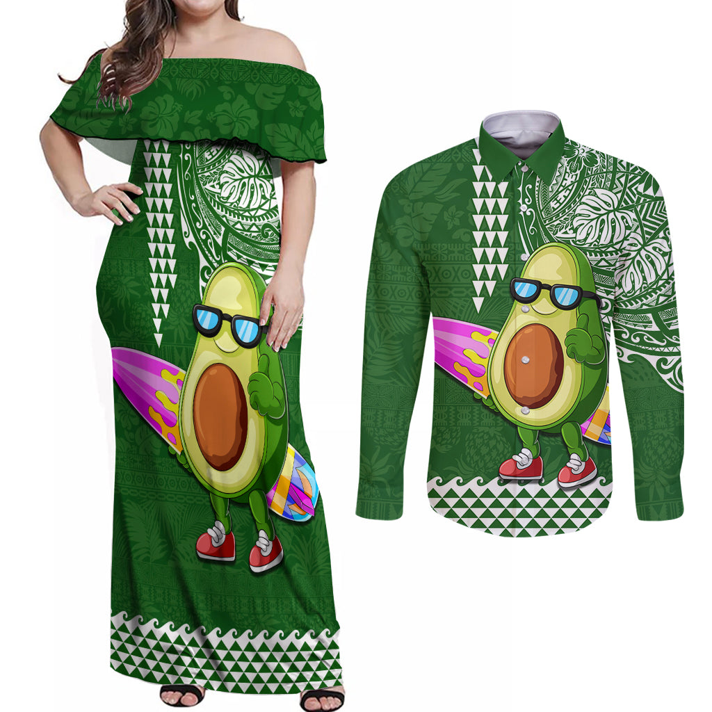 Hawaii Couples Matching Off Shoulder Maxi Dress and Long Sleeve Button Shirt Aloha Funny Avocado Mix Kakau Hawaiian Tribal LT03 Green - Polynesian Pride