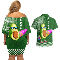 Hawaii Couples Matching Off Shoulder Short Dress and Hawaiian Shirt Aloha Funny Avocado Mix Kakau Hawaiian Tribal LT03 - Polynesian Pride