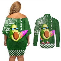 Hawaii Couples Matching Off Shoulder Short Dress and Long Sleeve Button Shirt Aloha Funny Avocado Mix Kakau Hawaiian Tribal LT03 - Polynesian Pride