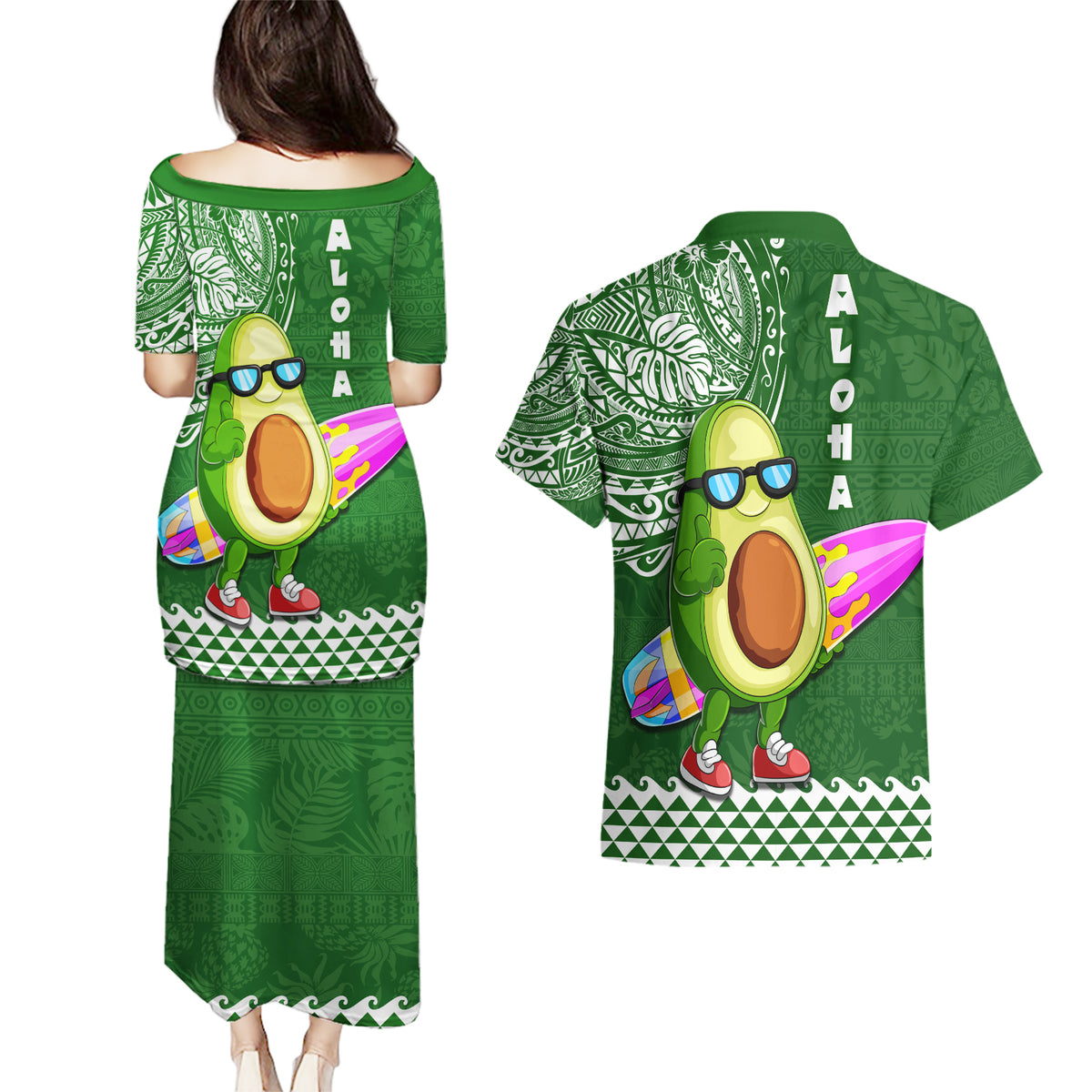 Hawaii Couples Matching Puletasi Dress and Hawaiian Shirt Aloha Funny Avocado Mix Kakau Hawaiian Tribal LT03 - Polynesian Pride