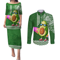 Hawaii Couples Matching Puletasi Dress and Long Sleeve Button Shirt Aloha Funny Avocado Mix Kakau Hawaiian Tribal LT03 Green - Polynesian Pride