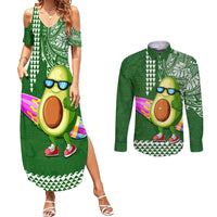 Hawaii Couples Matching Summer Maxi Dress and Long Sleeve Button Shirt Aloha Funny Avocado Mix Kakau Hawaiian Tribal LT03 Green - Polynesian Pride