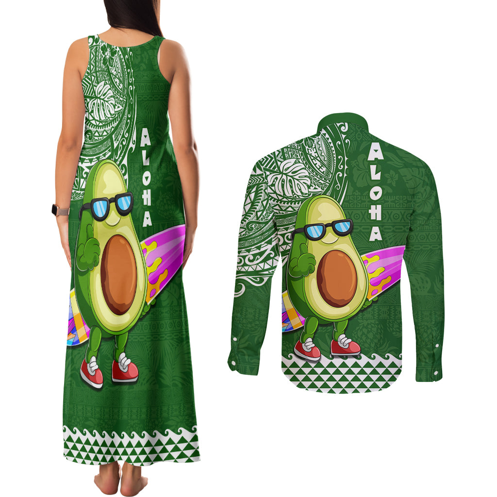 Hawaii Couples Matching Tank Maxi Dress and Long Sleeve Button Shirt Aloha Funny Avocado Mix Kakau Hawaiian Tribal LT03 - Polynesian Pride